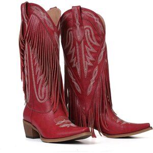 Women's Red Classic Embroidery Pointed Toe Fringe Knee High Cowgirl Western Boot